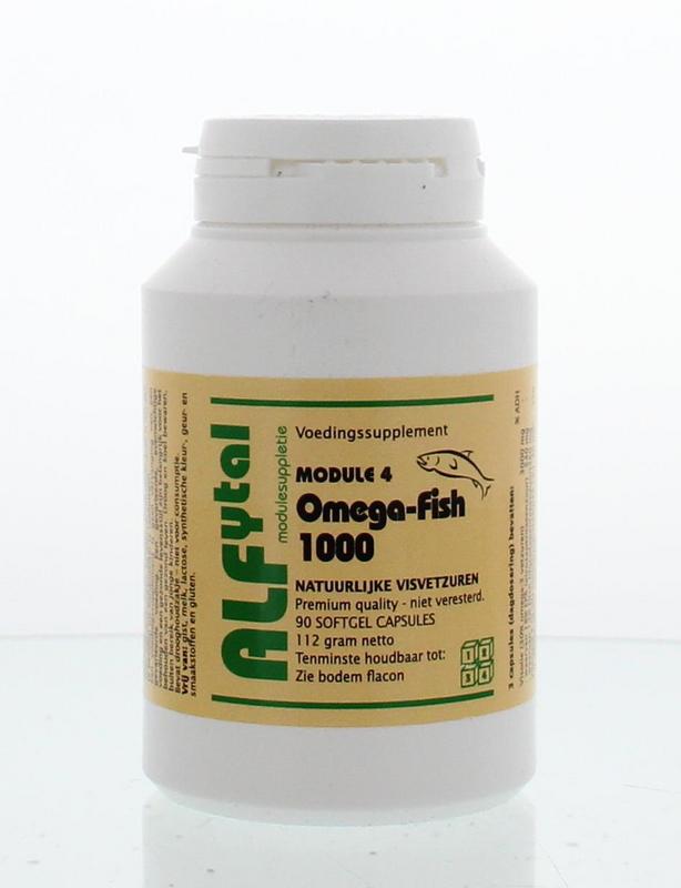 Alfytal Omega-fish 1000 puur softgels, unrefined fish oil capsules, showing 90 softgel pills in the image.