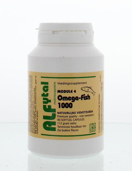 Alfytal Omega-fish 1000 puur softgels, unrefined fish oil capsules, showing 90 softgel pills in the image.