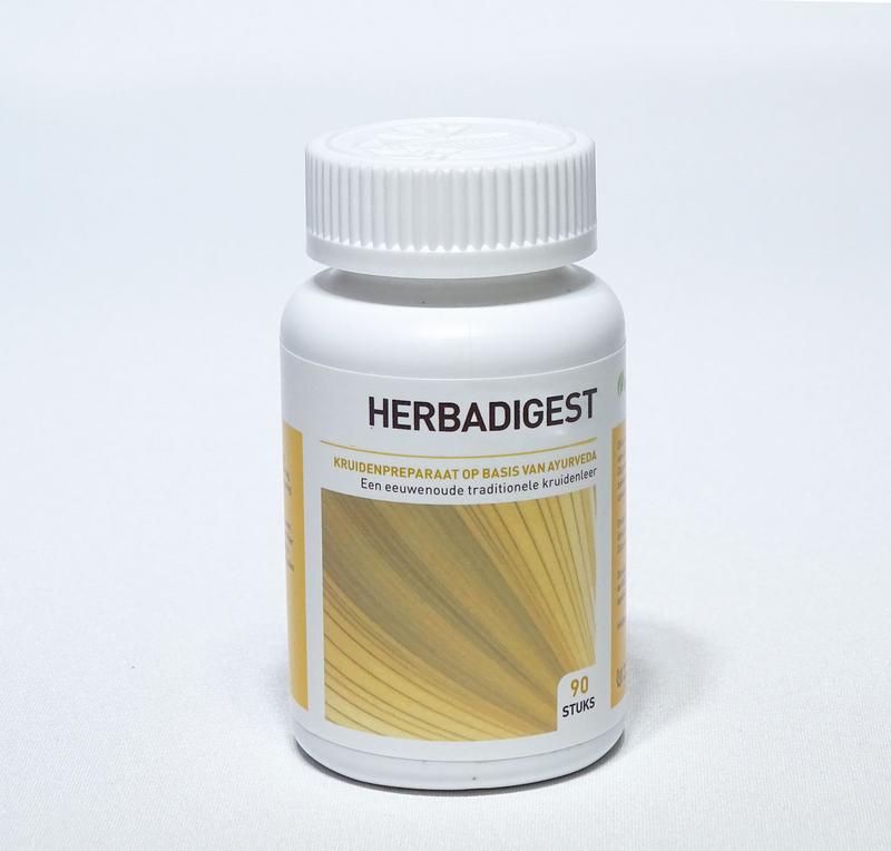 Ayurveda Health Herbadigest herbal supplement capsules in a bottle, natural remedy for digestive support, Kruidenpreparaten product.