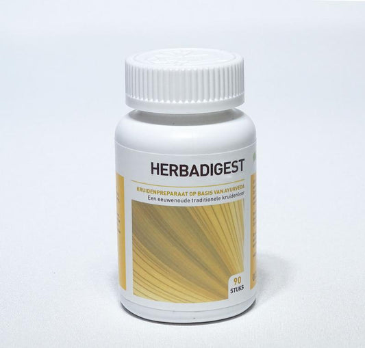 Ayurveda Health Herbadigest herbal supplement capsules in a bottle, natural remedy for digestive support, Kruidenpreparaten product.