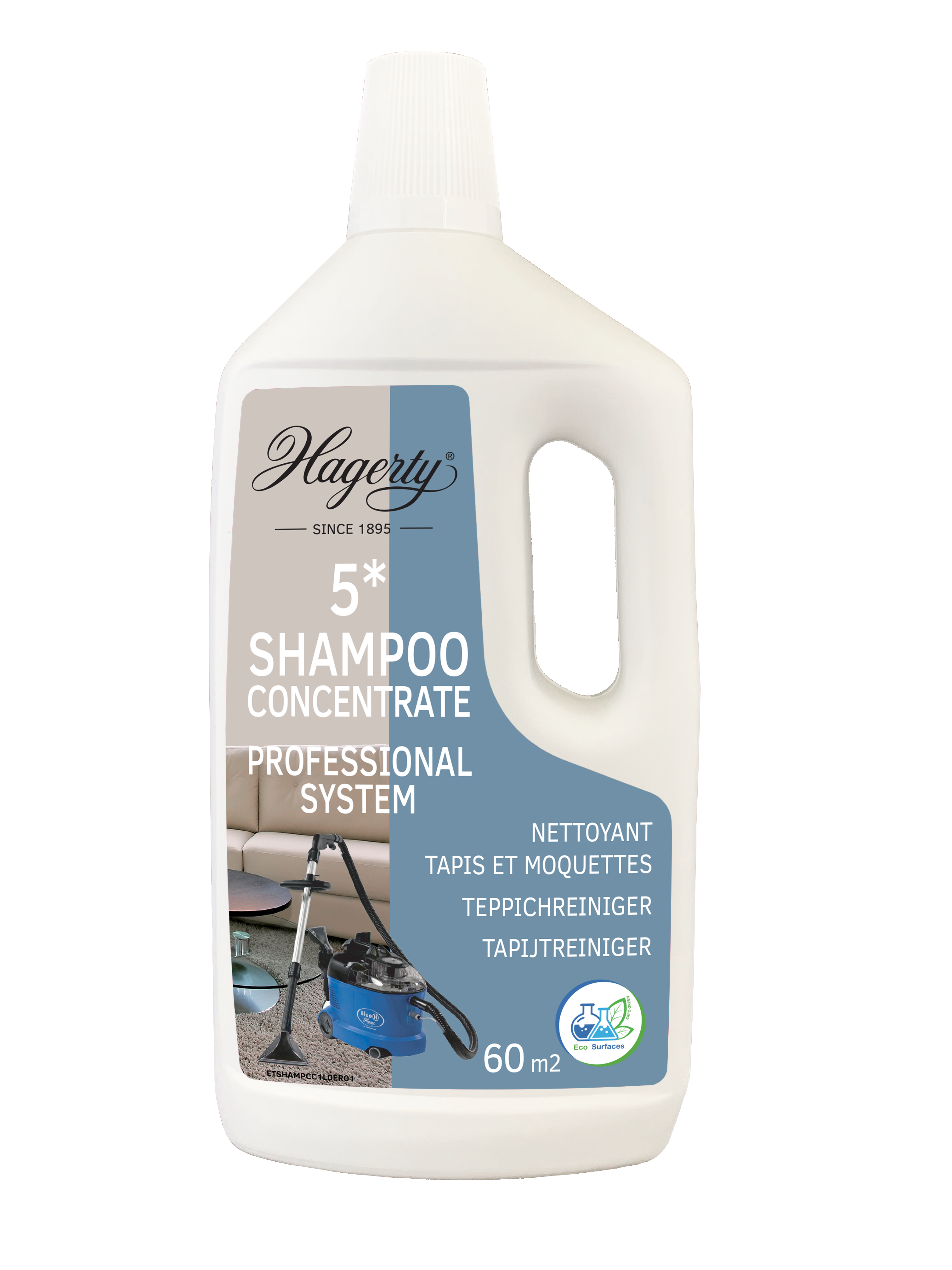 Hagerty Tapijtshampoo concentraat in 1-liter bottle, designed for cleaning carpets and upholstery effectively.