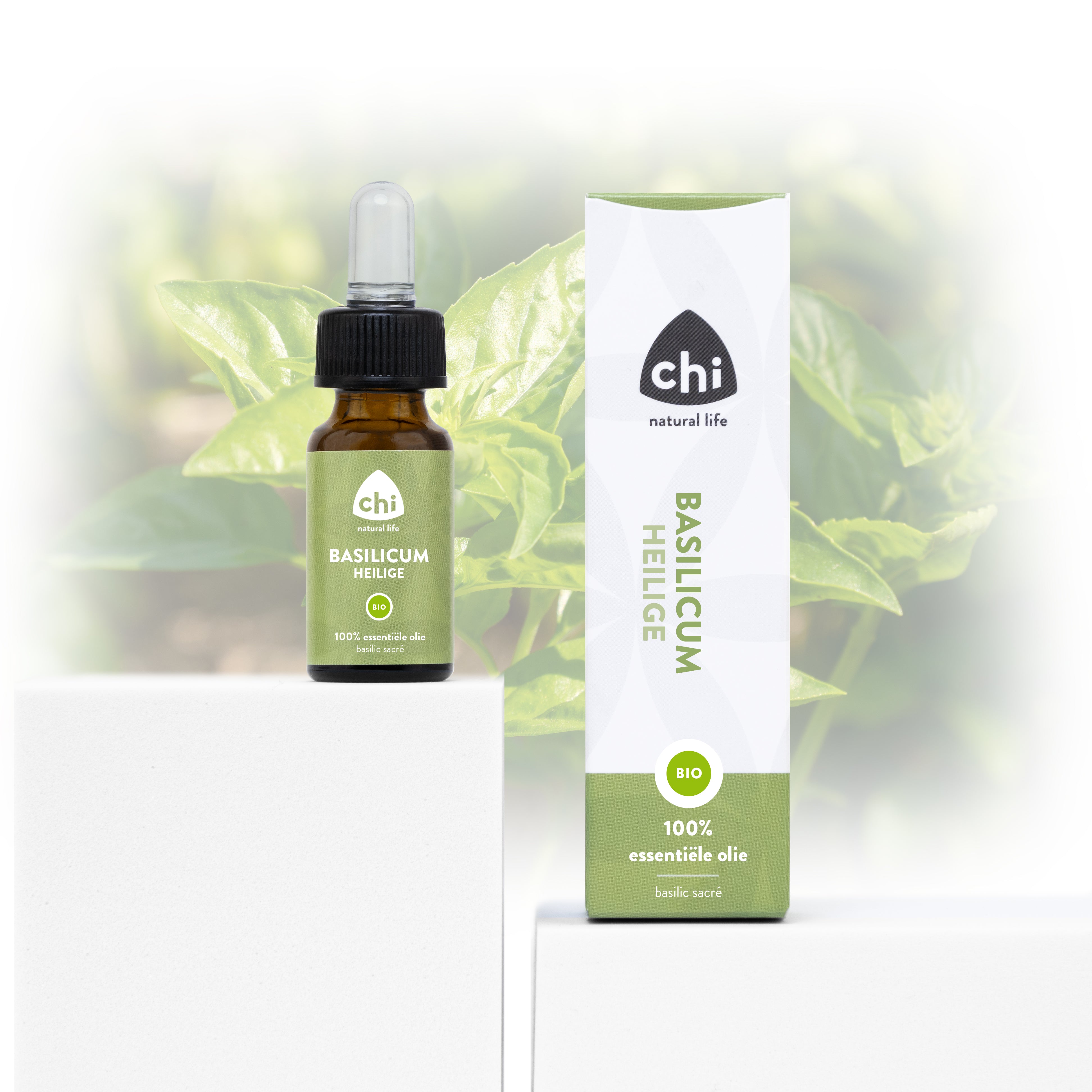 Chi bio holy basil essential oil in a 10ml bottle, used for aromatherapy, with a clear label on a white background.
