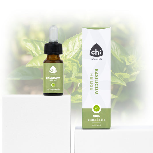 Chi bio holy basil essential oil in a 10ml bottle, used for aromatherapy, with a clear label on a white background.