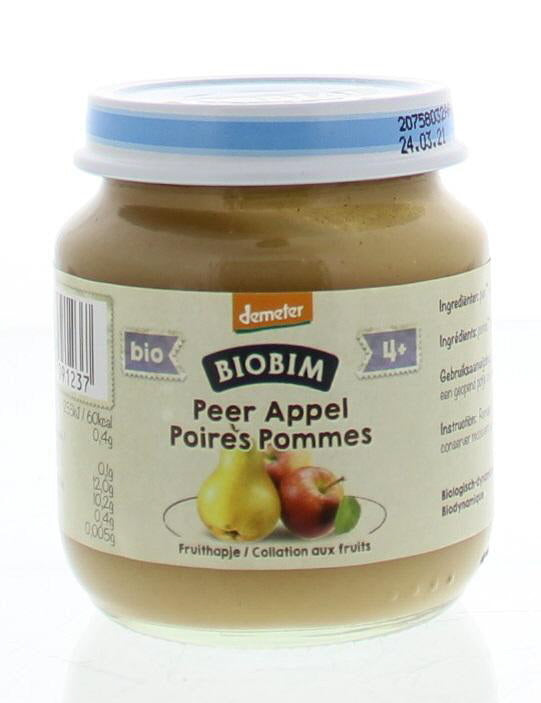 Biobim Appel peer 4 maanden Demeter biologische babyvoeding in 125g jar, featuring fresh apple and pear ingredients.