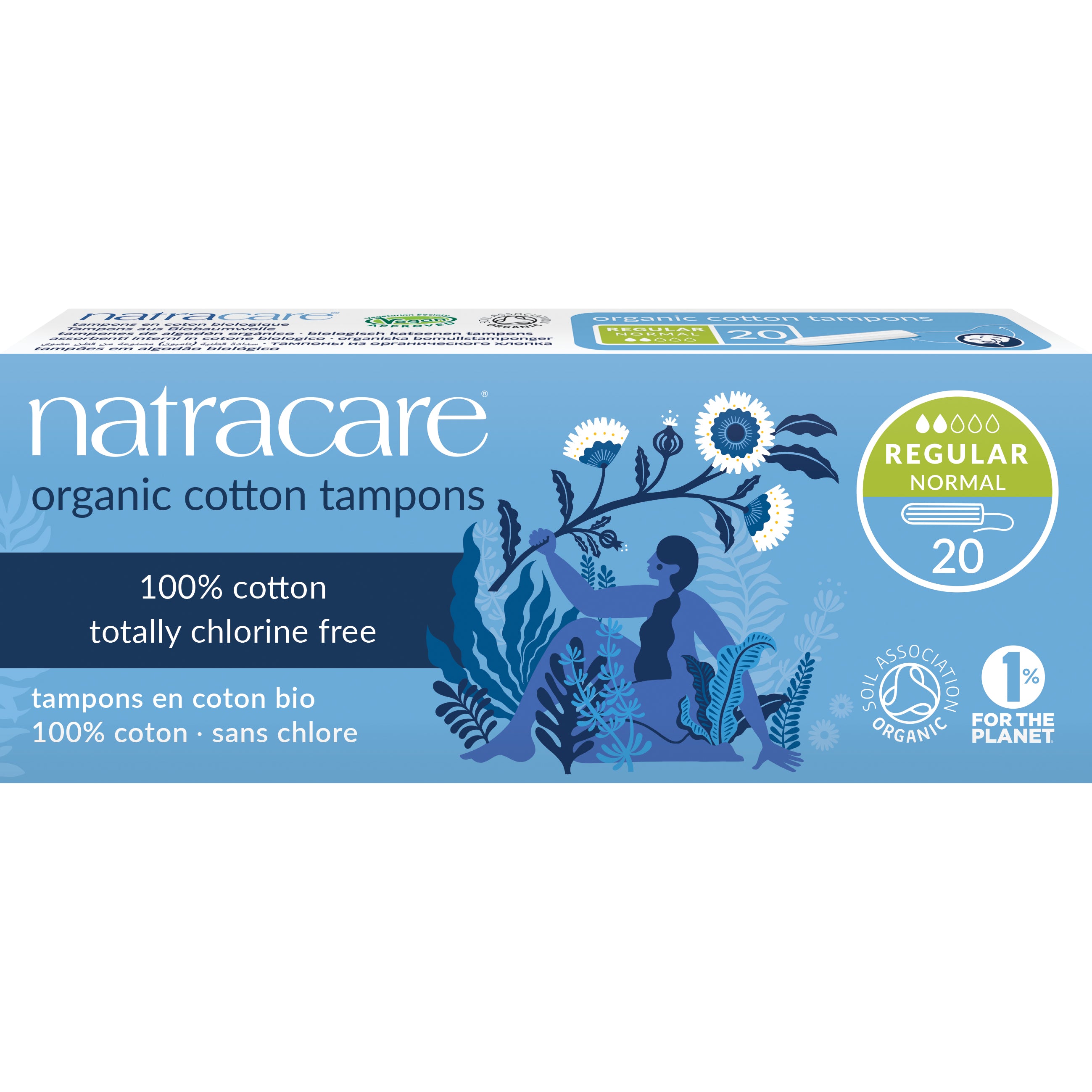 Natracare cotton regular tampons, pack of 20, natural feminine hygiene product for women, displayed in the image.