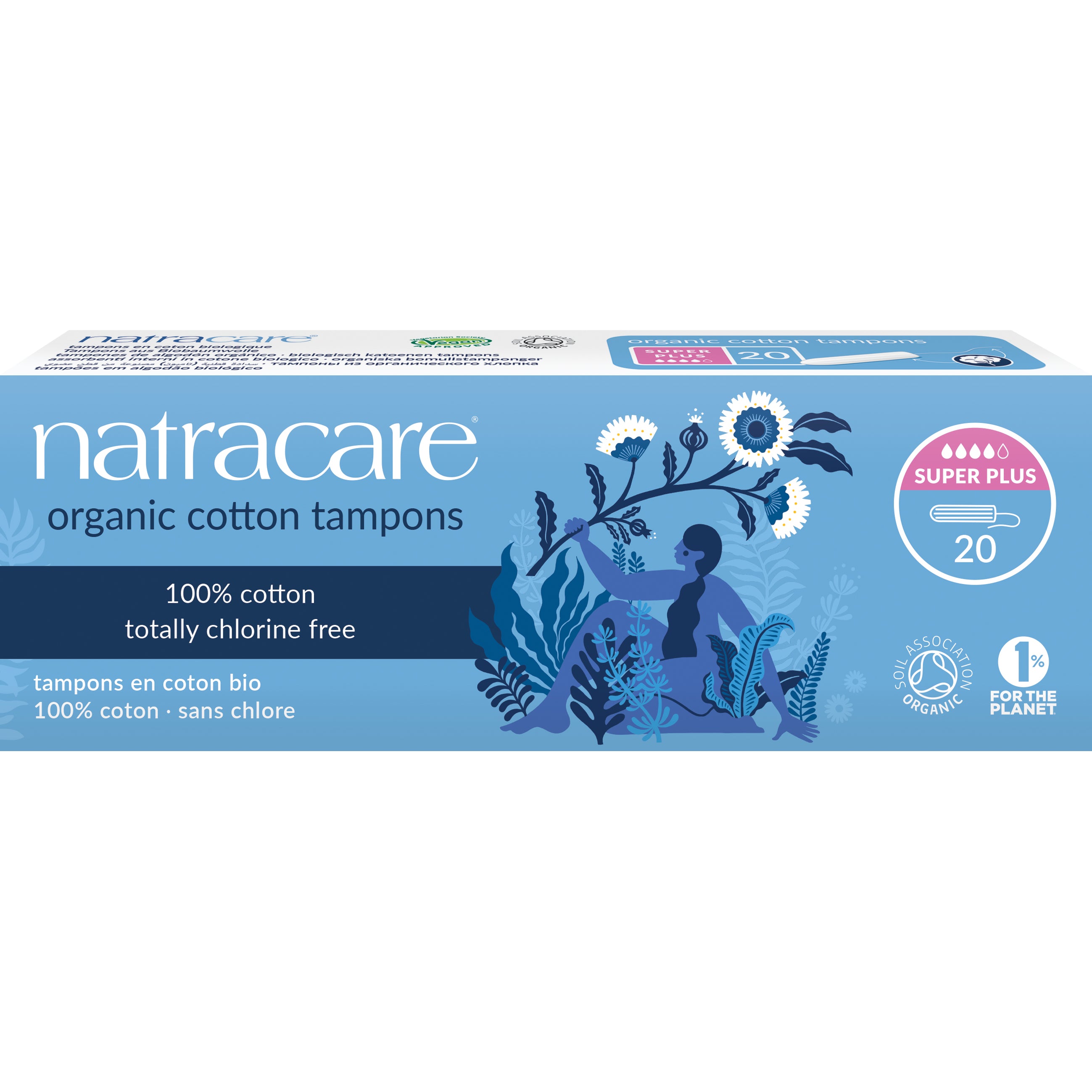 Natracare cotton super+ tampons for women, pack of 20, biodegradable menstrual tampons with applicator and organic cotton material.