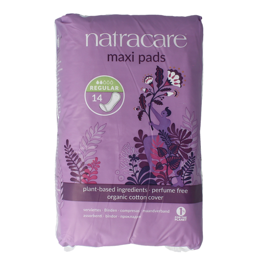 Natracare normal menstrual pads, 14-pack, natural feminine hygiene product for women, soft and breathable material.