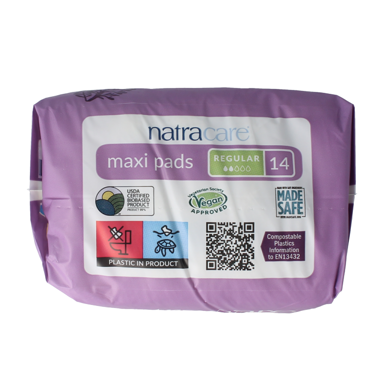 Natracare normal menstrual pads, 14-pack, soft organic cotton, for women’s feminine hygiene, with discreet packaging.