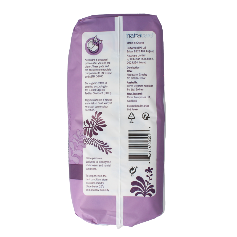 Natracare normal panty liners for women, 14-pack, soft and breathable feminine hygiene products displayed on a white background.