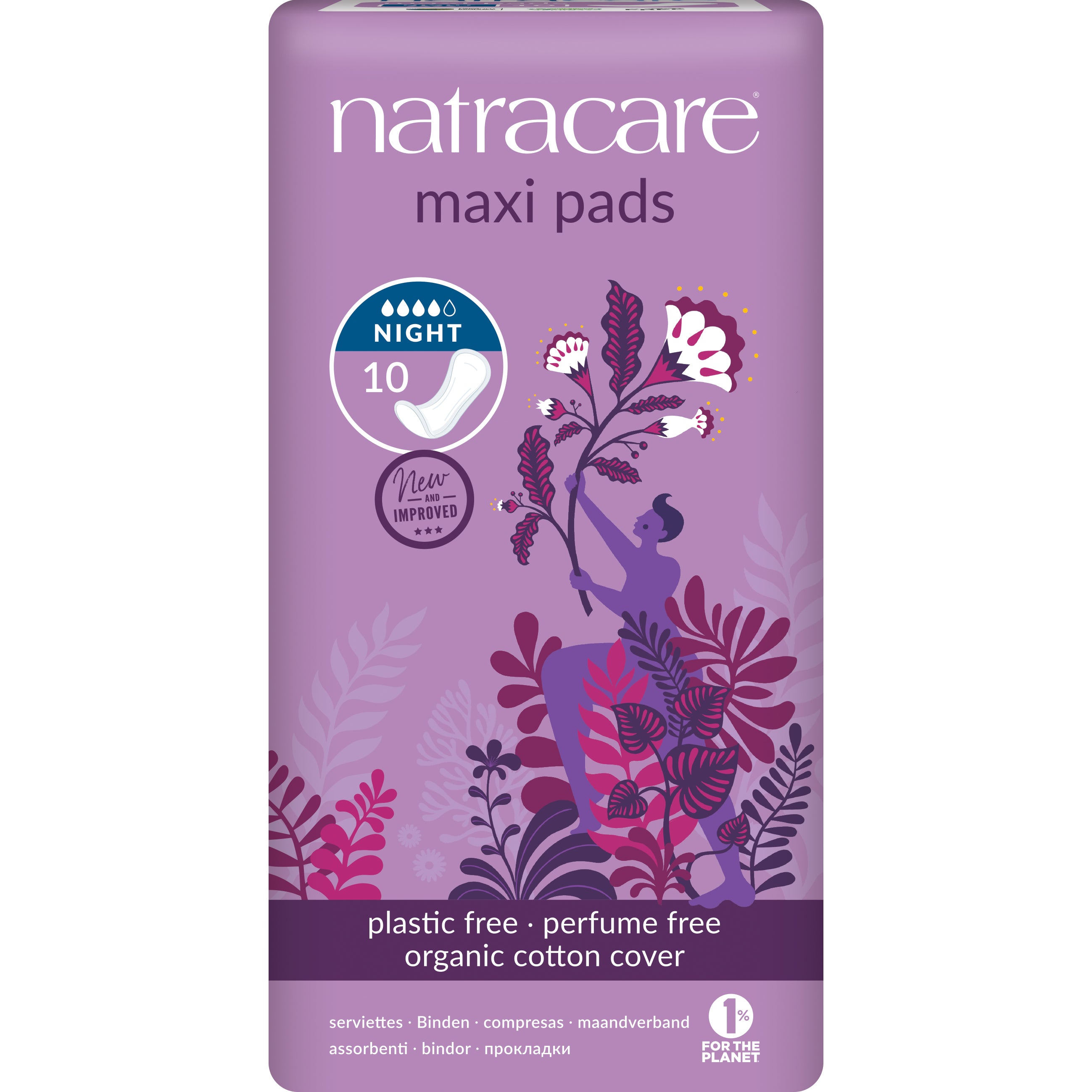 Natracare overnight feminine pads for women, pack of 10, soft organic cotton, designed for nighttime comfort and protection.