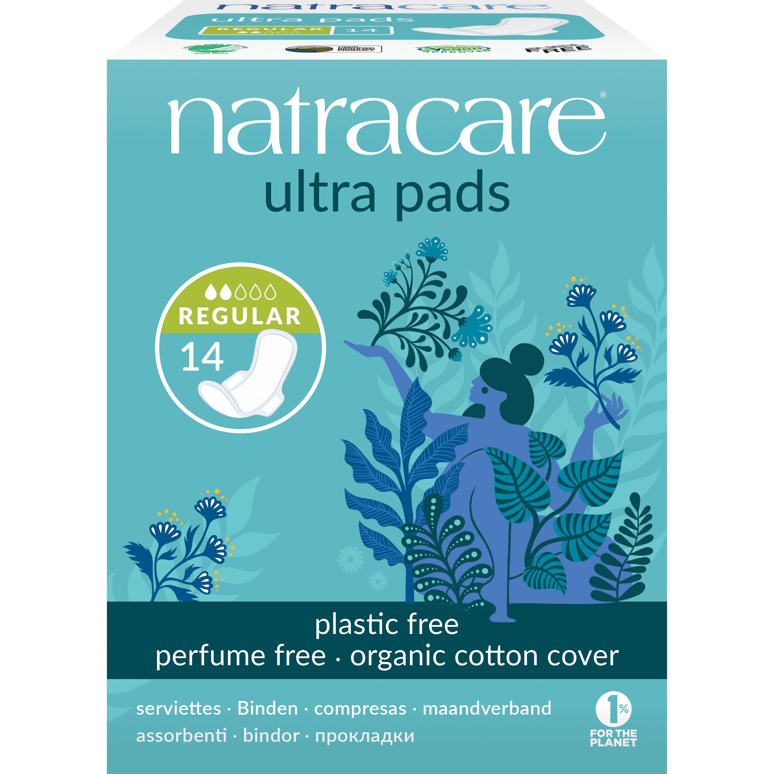 Natracare ultra panty liners with wings, 14 pack, natural feminine hygiene product for women, soft and breathable.