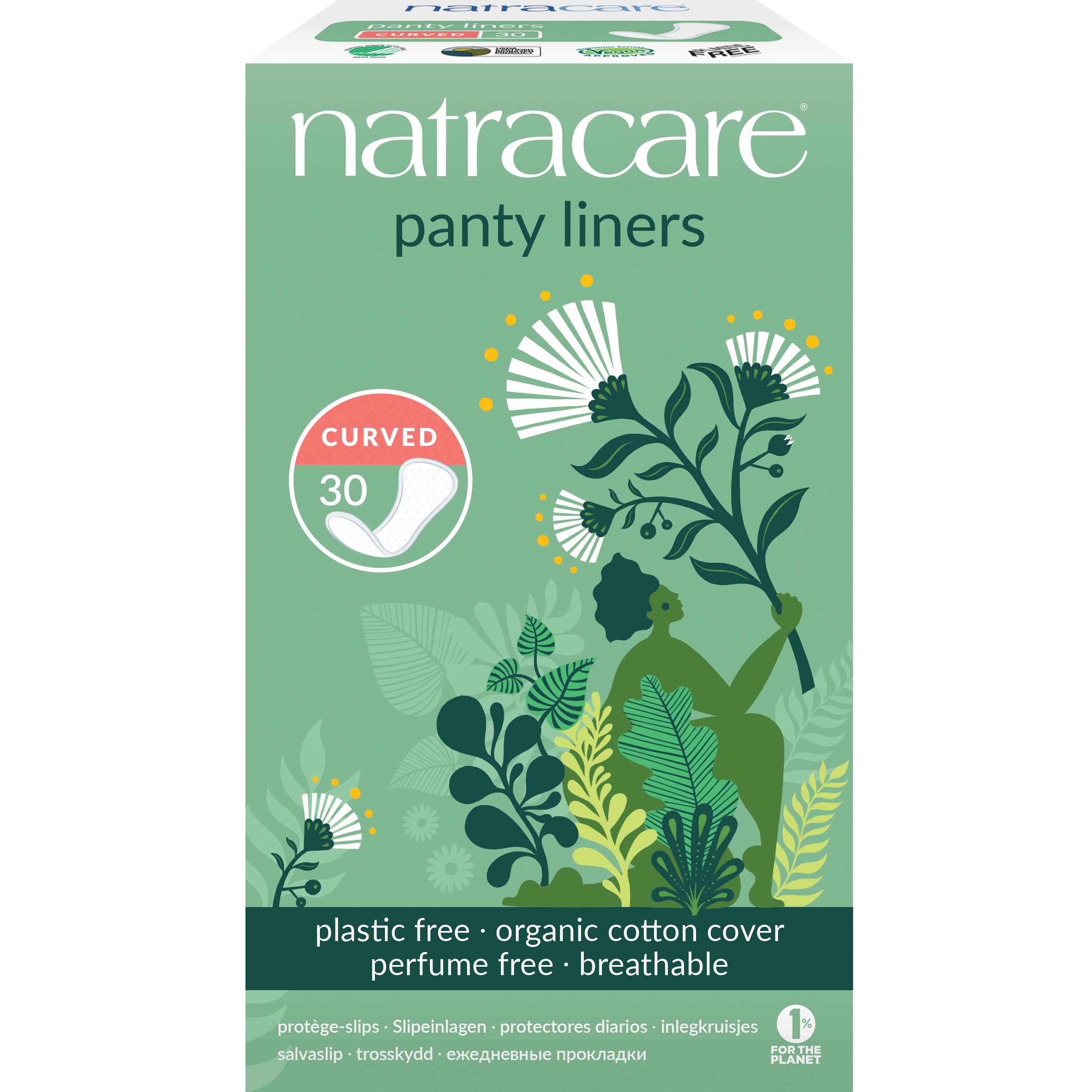Box of Natracare inlegkruisjes gebogen, 30 pieces, biodegradable panty liners for women, natural and comfortable.