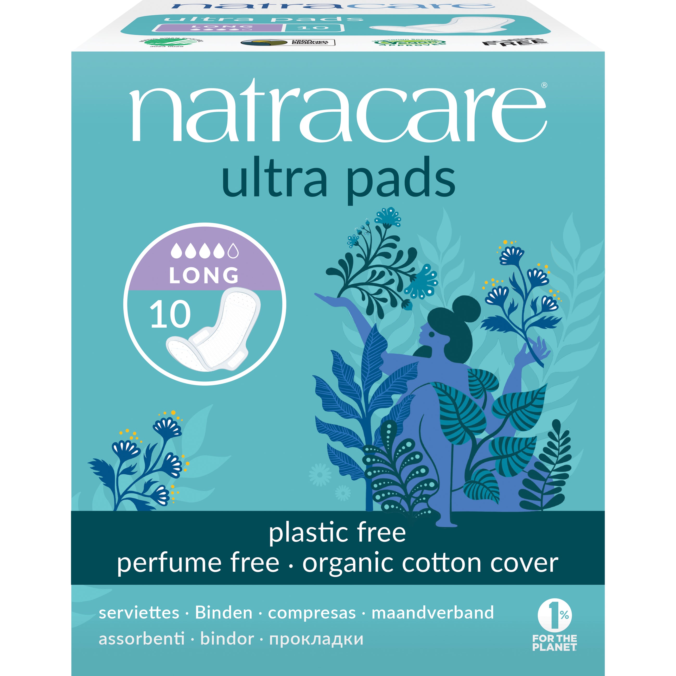 Natracare long wing menstrual pads for women, 10-pack, soft cotton material with adhesive strips and wings for secure fit.