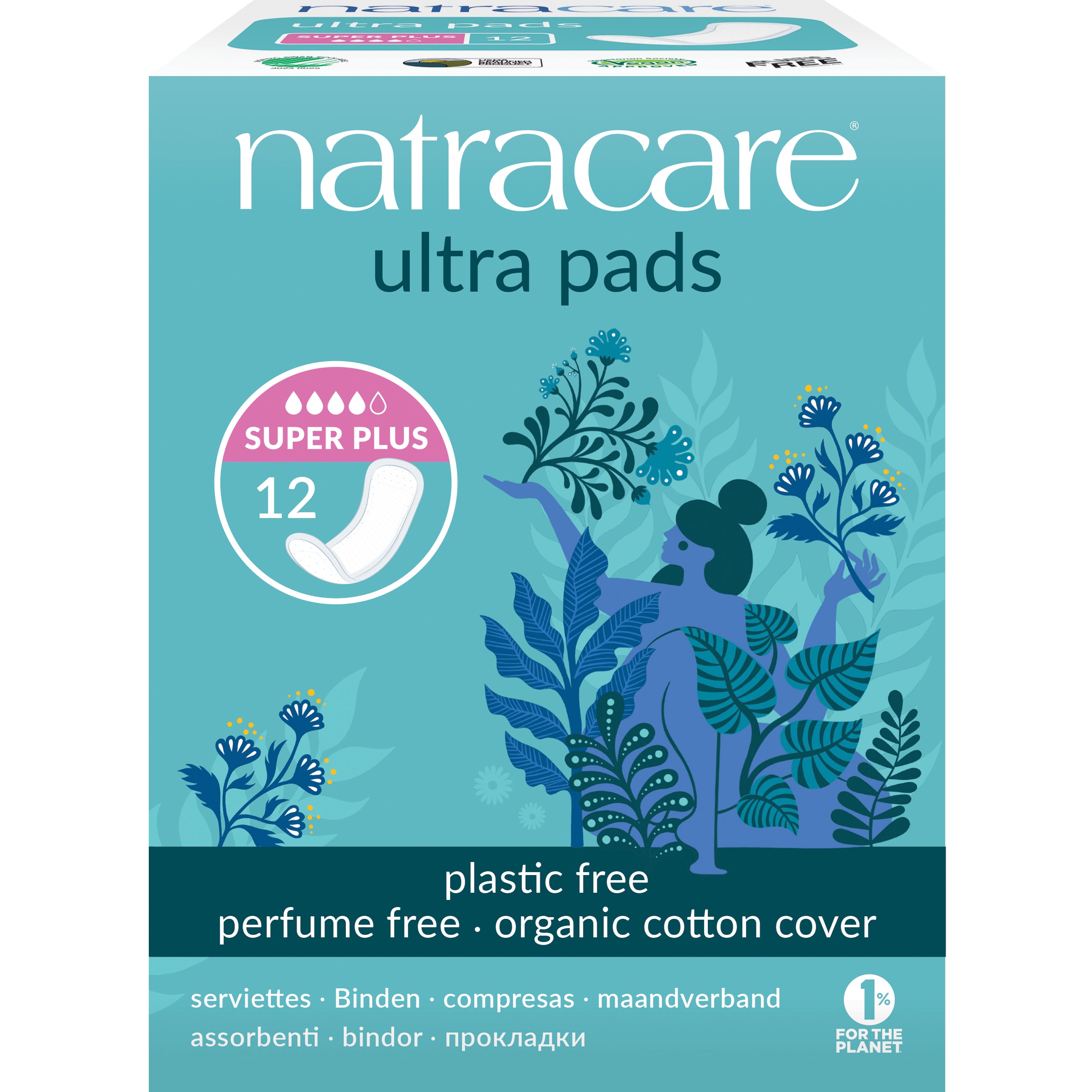 Natracare super plus menstrual pads for women, pack of 12, natural and eco-friendly feminine hygiene product.