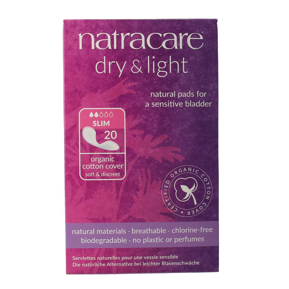 Natracare Dry & Light sanitary pads for women, 20-pack, natural cotton absorbent pads with soft, breathable material.