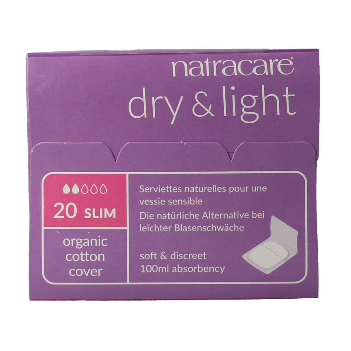 Natracare Dry & Light pads for women, 20-pack, natural feminine hygiene product with absorbent, breathable material.