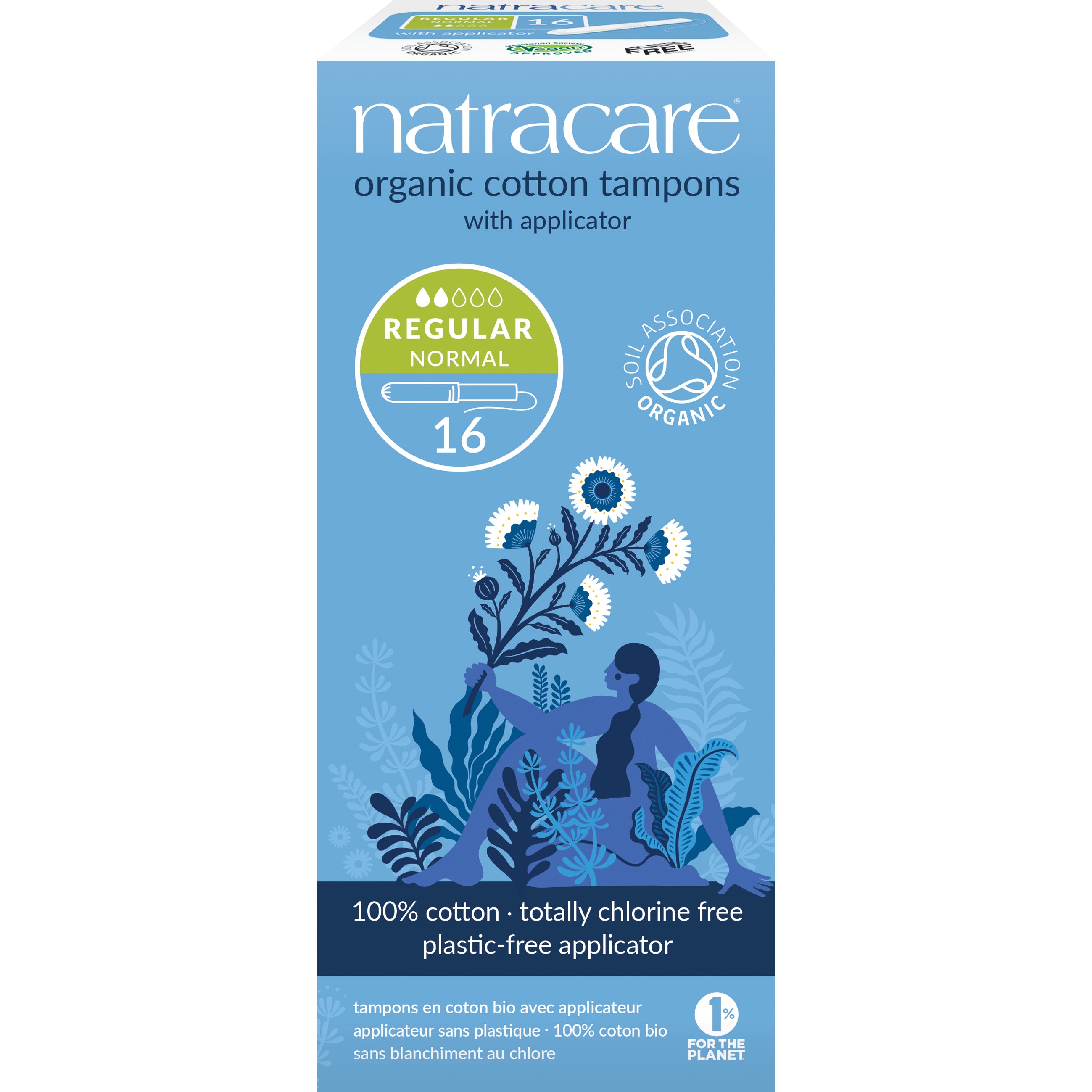 Natracare normal tampons with applicator, 16-pack, natural feminine hygiene product for women, in a box.