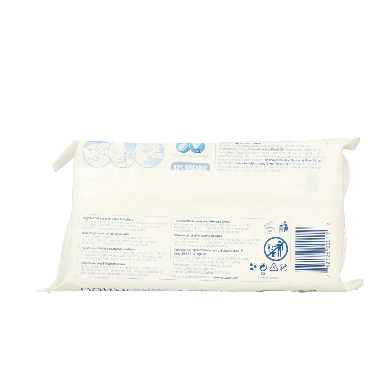 Natracare Babydoekjes pack with 50 biodegradable baby wipes, gentle and natural for sensitive skin, in a resealable package.