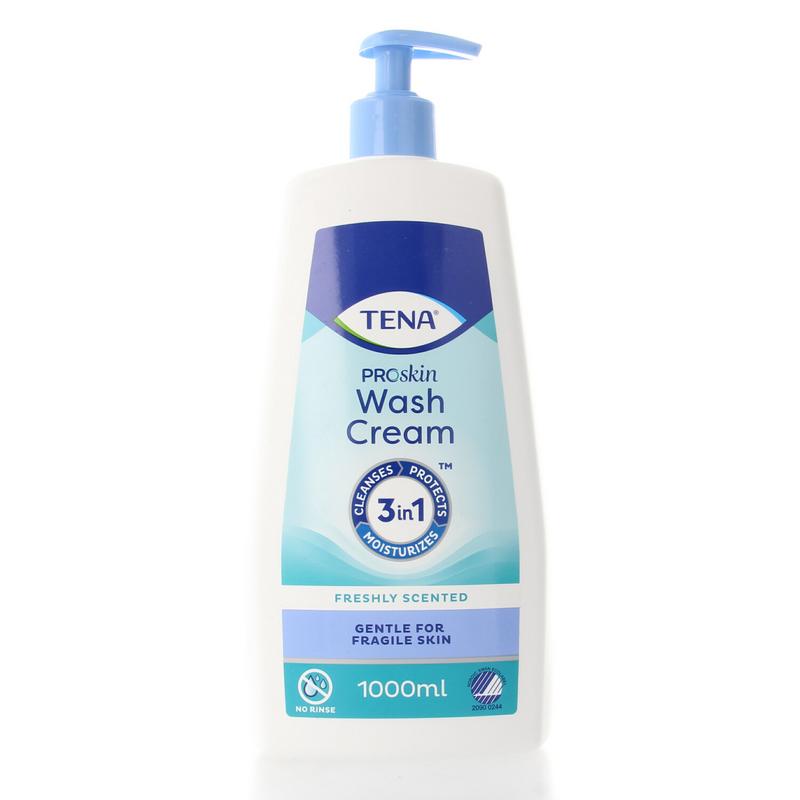 Tena Wash Cream 1 Liter bottle for body care, showing the white pump dispenser and label on the container.
