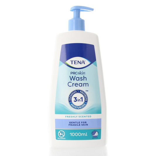 Tena Wash Cream 1 Liter bottle for body care, showing the white pump dispenser and label on the container.