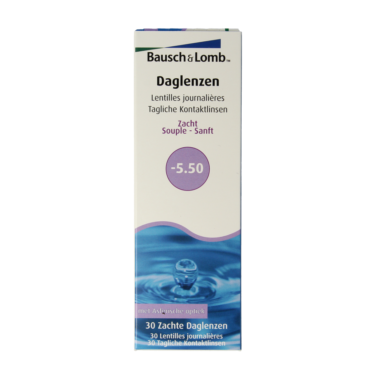 Bausch & Lomb Daglenzen -5.50 prescription contact lenses, 30 pairs, shown in clear case with packaging.