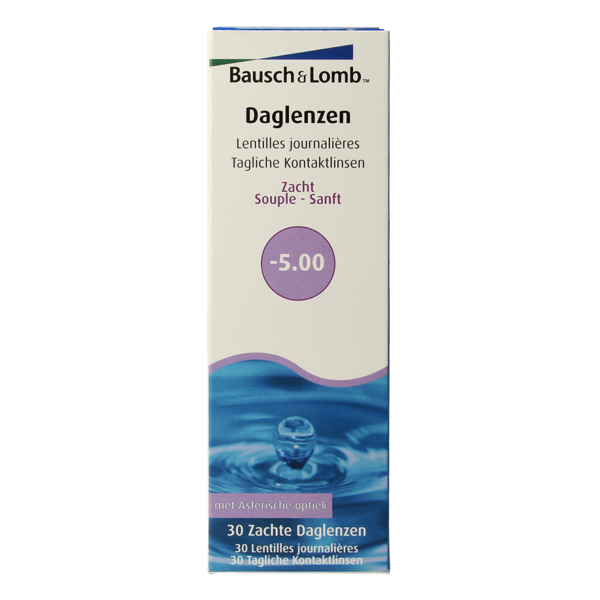 Bausch & Lomb Daglenzen -5.00 diopters, 30 pack of optical contact lenses, shown in a clear container with lenses visible.