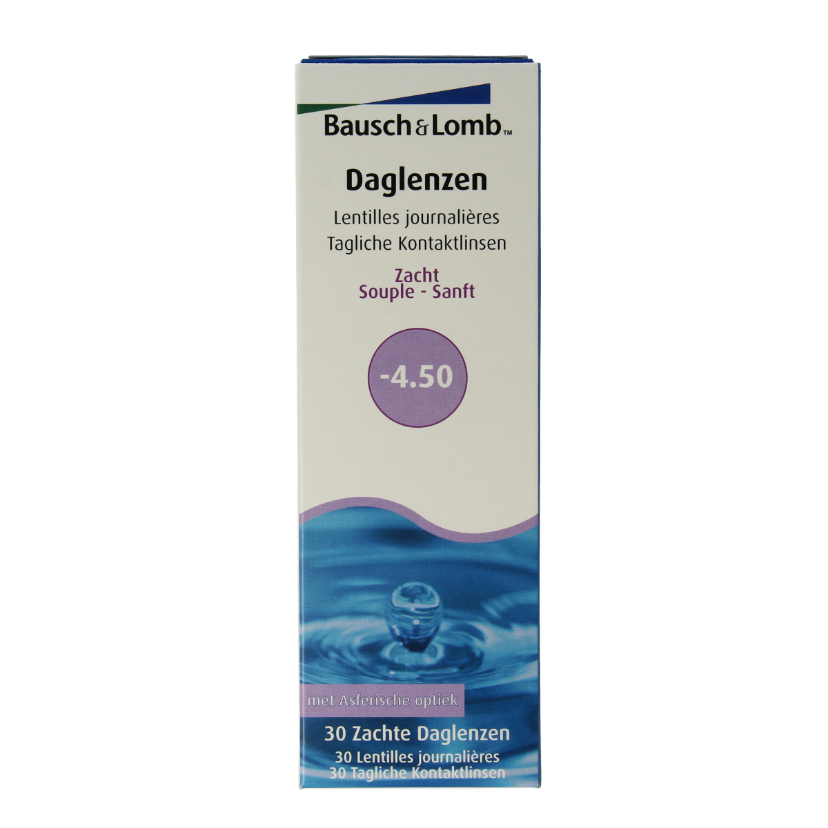 Bausch & Lomb Daglenzen -4.50 contact lenses, 30 pack, showing clear lenses and packaging for optiek use