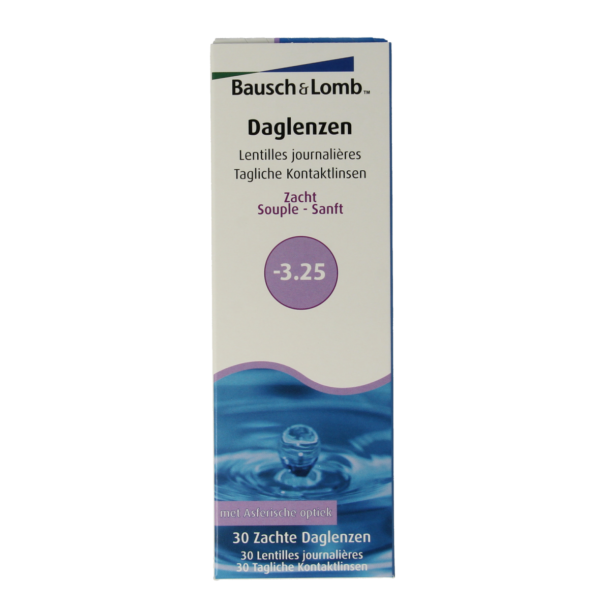 OTC Medical Daglenzen -3.25 contact lenses for eye care, shown in packaging with 30 lenses in a natural setting