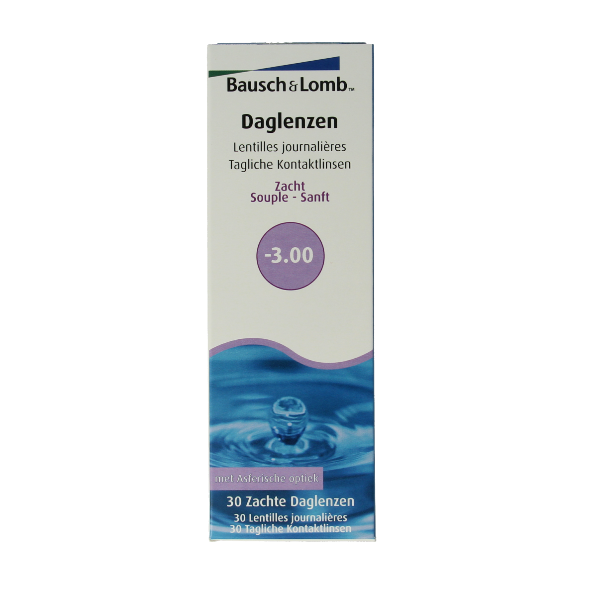 OTC Medical Daglenzen -3.00 contact lenses for eye care, 30 pairs, displayed in a clear container.