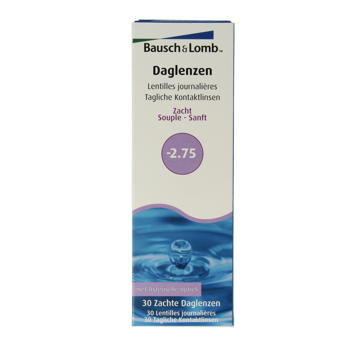 OTC Medical Daglenzen -2.75 prescription eye contact lenses, 30 pairs, for vision correction, shown in a clear container.