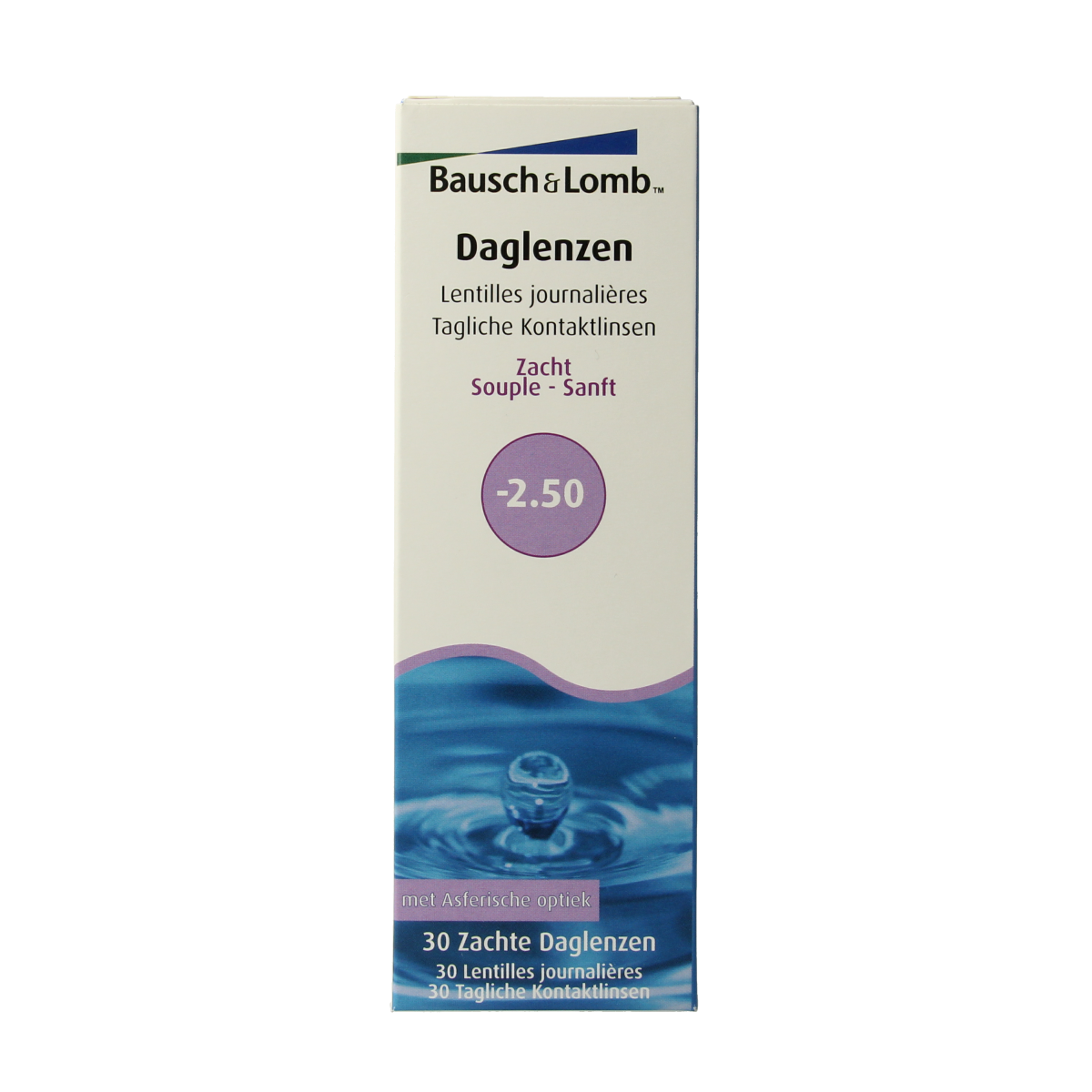 OTC Medical Daglenzen -2.50 for eye care, shown in a box with 30 contact lenses, designed for vision correction.