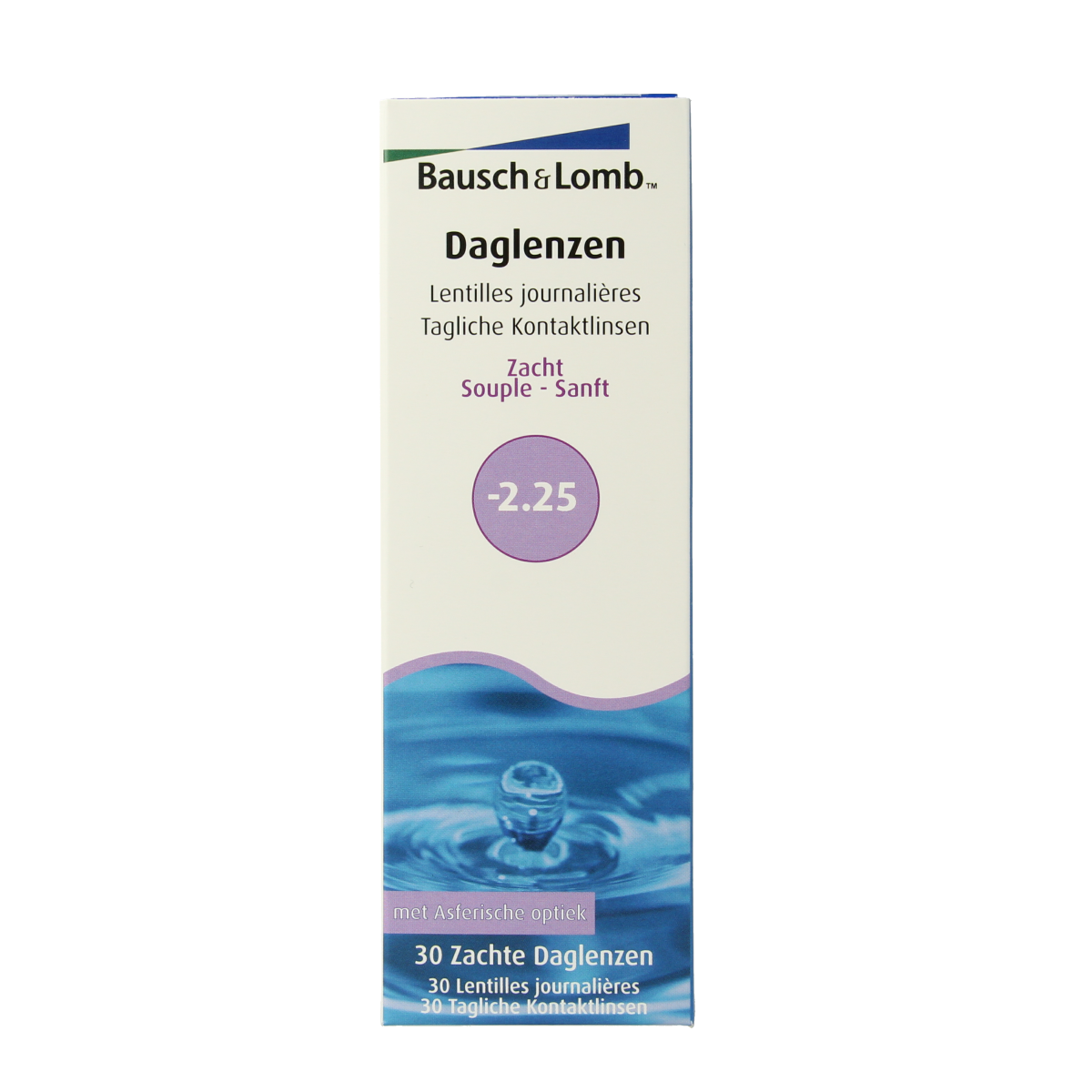 OTC Medical Daglenzen -2.25 diopters, 30 pairs of eye care contact lenses shown in a box.