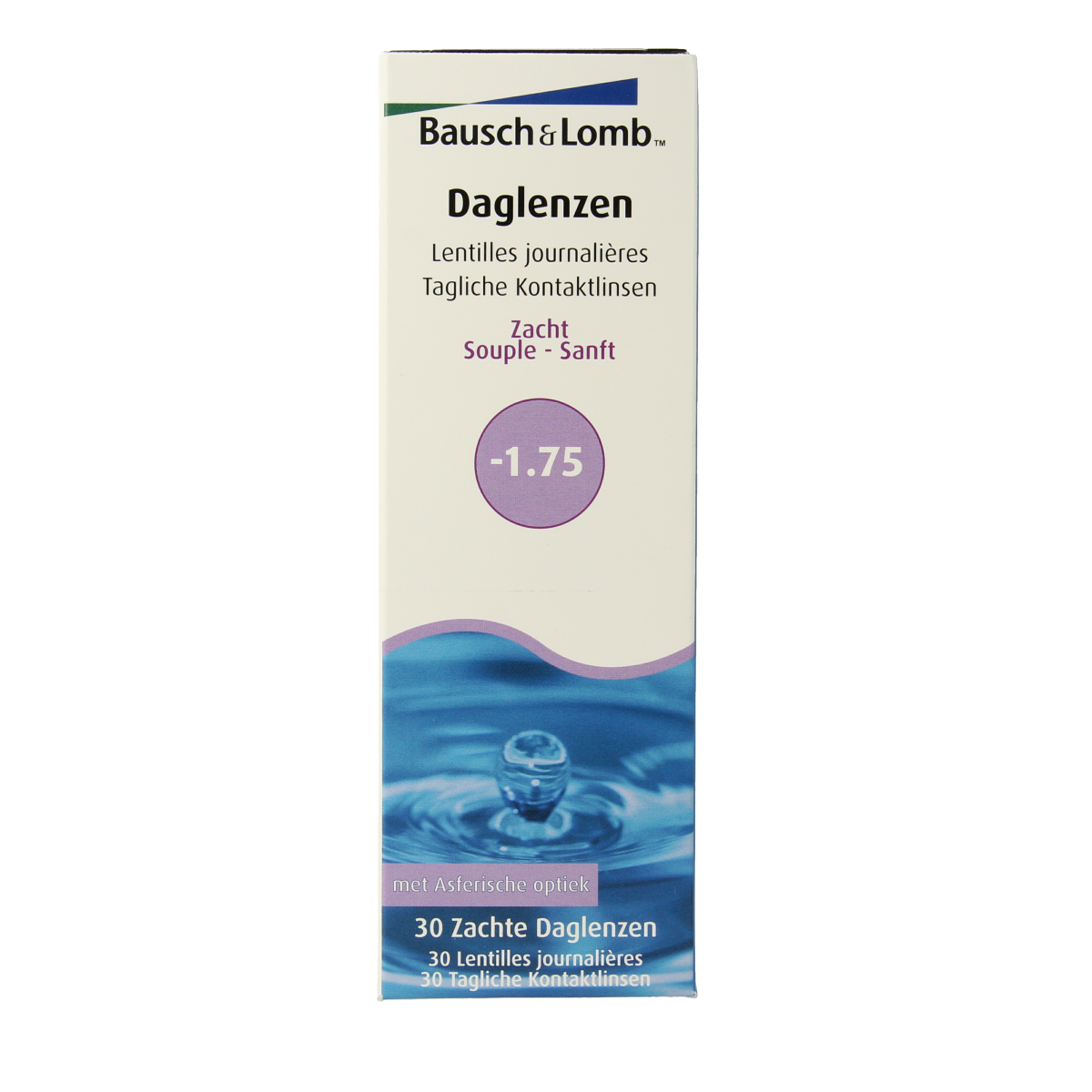 OTC Medical Daglenzen -1.75 for eye care, 30 lenses, close-up of daily contact lenses in a blister pack.