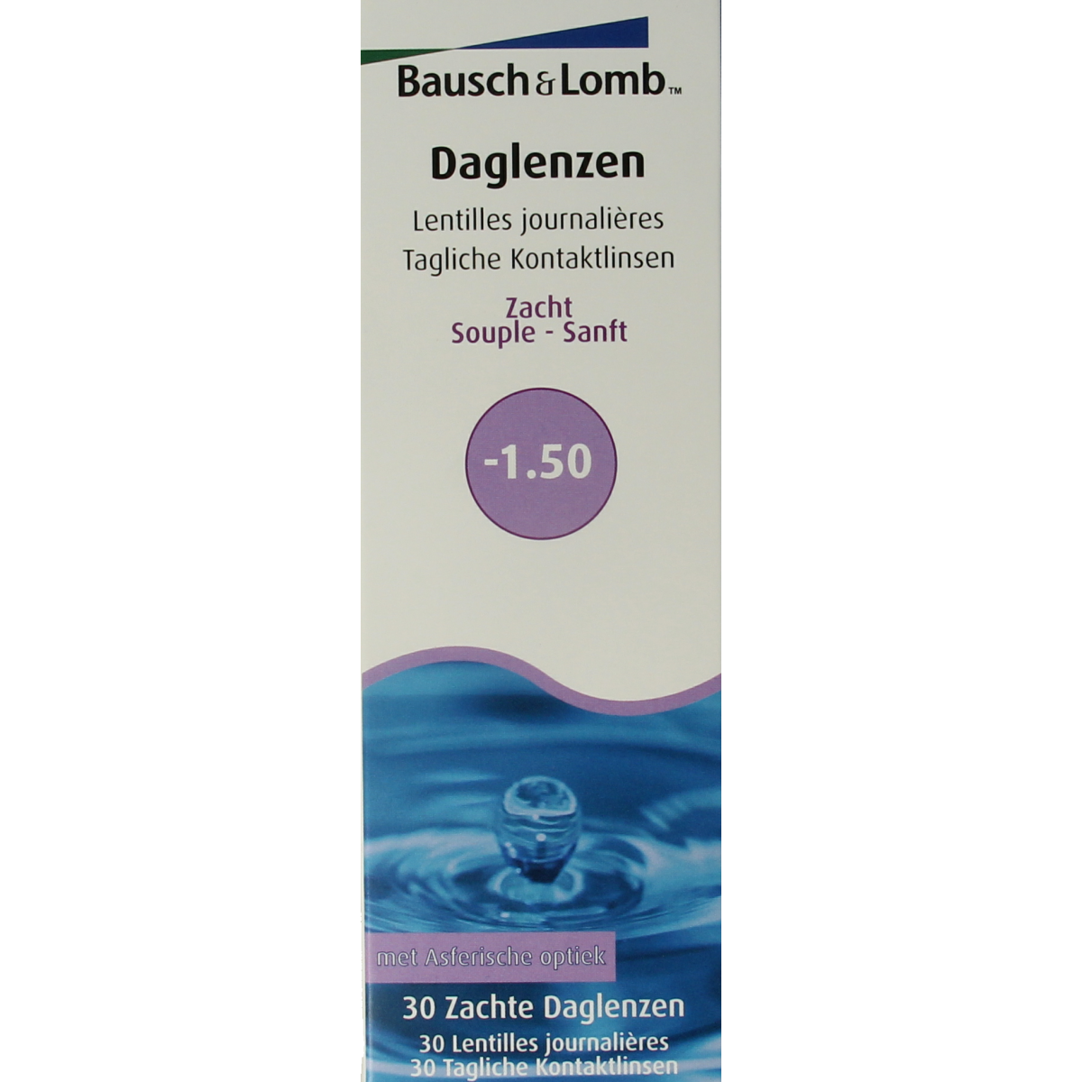 Bausch & Lomb Daglenzen -1.50 contact lenses for daily use, showing a box of 30 pairs with clear lens packaging.