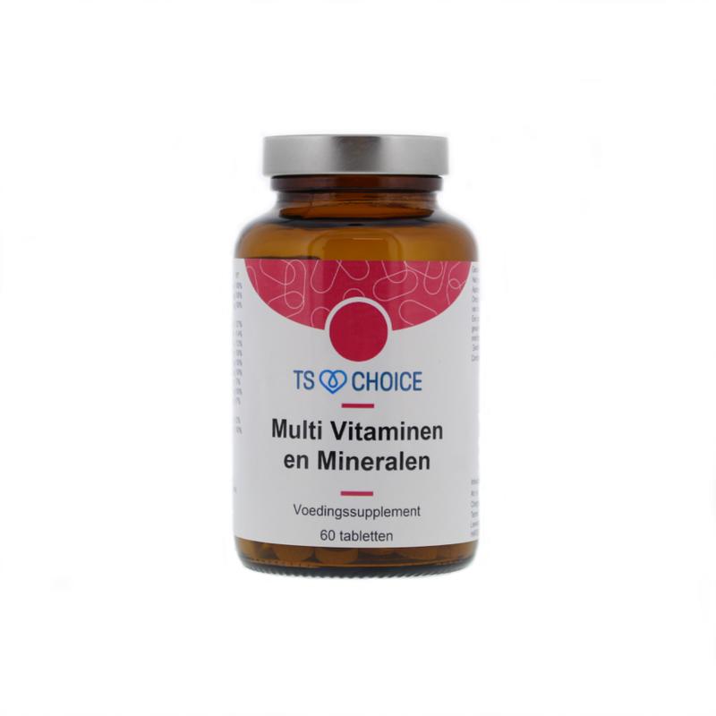 TS Choice Multi vitamine en mineralen supplement in a bottle of 60 tablets, featuring colorful tablets and packaging.