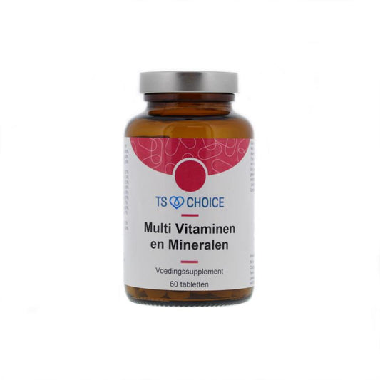 TS Choice Multi vitamine en mineralen supplement in a bottle of 60 tablets, featuring colorful tablets and packaging.