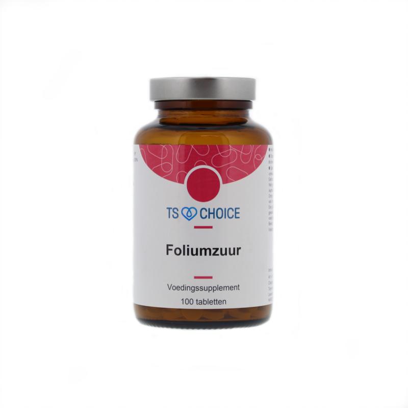 TS Choice Foliumzuur 400 Vitamine B11 supplement in a bottle with white tablets, designed for daily vitamin B11 intake.