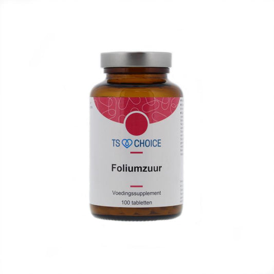 TS Choice Foliumzuur 400 Vitamine B11 supplement in a bottle with white tablets, designed for daily vitamin B11 intake.