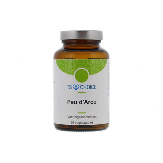 TS Choice Pau d'arco lapacho capsules, herbal supplement in a bottle with 60 capsules, natural plant-based product.