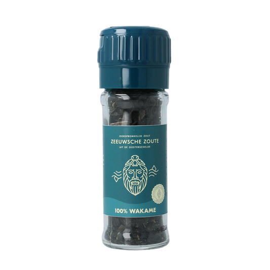 Fresh Zeeuwsche Zoute wakame seaweed, 100% Nederlandse, shown in a clear image with packaging and vibrant green color.