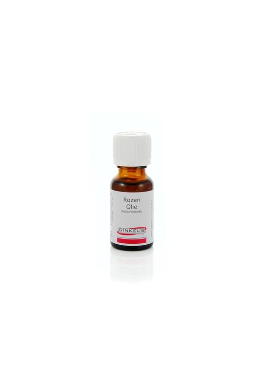 Ginkel's Rozenolie compositie in 15ml bottle, natural essential oil with rose scent, displayed in a clear glass container.