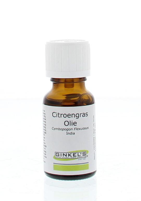 Ginkel's Citroengras etherische olie in 15ml bottle, vibrant green leaves and citrus scent, natural herbal essential oil.