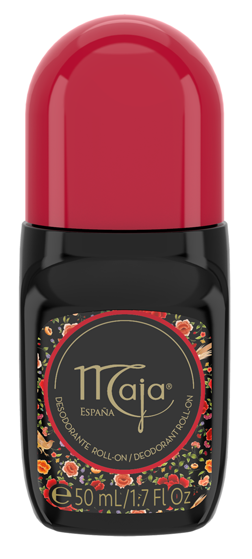 Maja Deodorant roll-on bottle, 50ml, with clear cap and label, showcasing the Maja brand and product packaging.