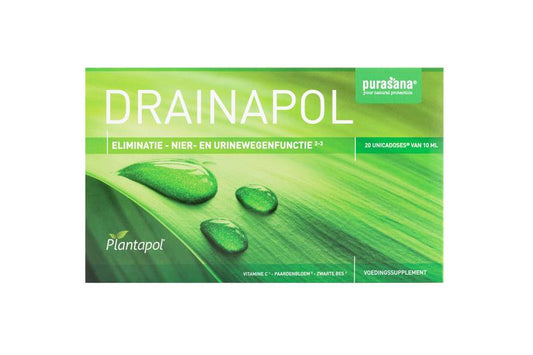 Purasana Plantapol Drainapol herbal supplement ampoules in a box, featuring natural ingredients and herbal remedy packaging.