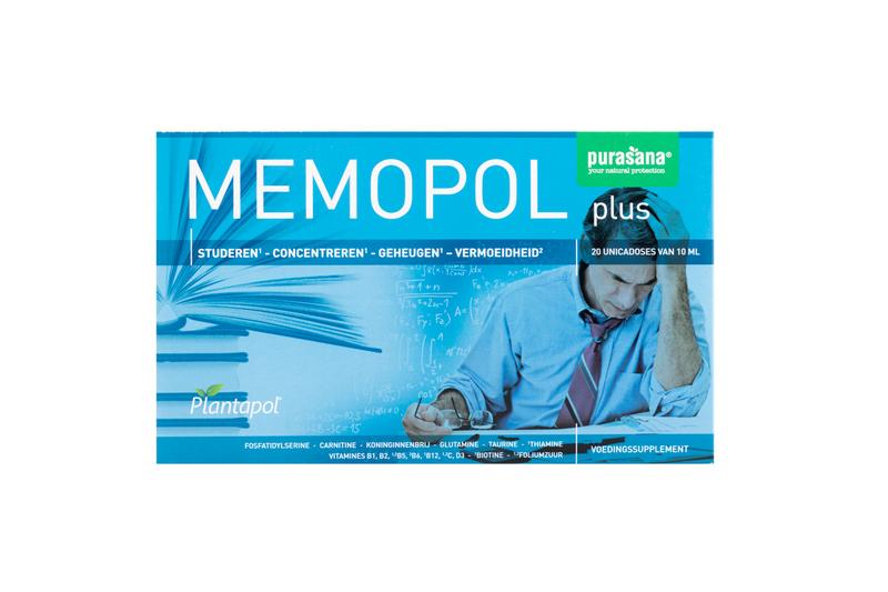 Purasana Plantapol Memopol plus herbal supplement in a box with 20 ampoules, natural plant-based herbal preparation.