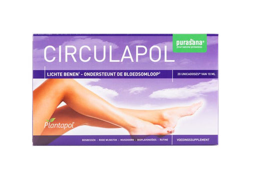 Purasana Plantapol Circulapol herbal supplement in 20 ampoules, featuring natural plant-based ingredients for circulation support.