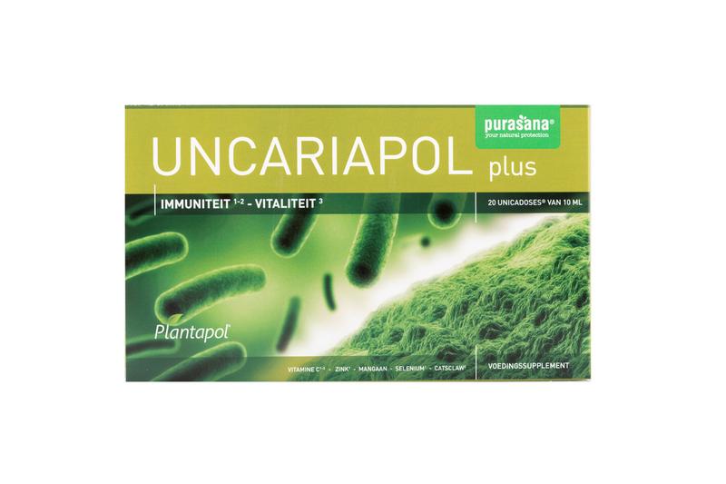 Purasana Plantapol Uncariapol Plus herbal supplement ampoules in a box, featuring green and white packaging with 20 ampoules.