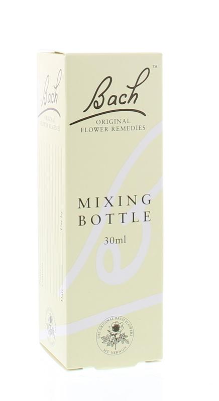 Bach 30ml mixing bottle with labels, clear plastic packaging container for liquids or chemicals, part of packaging material set.