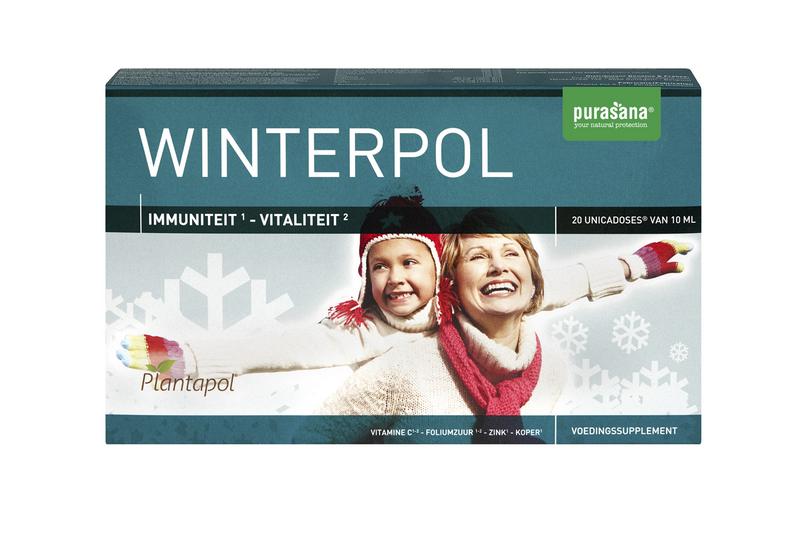 Purasana Plantapol Winterpol herbal supplement in a box with 20 ampoules, natural herbal remedy for seasonal support.