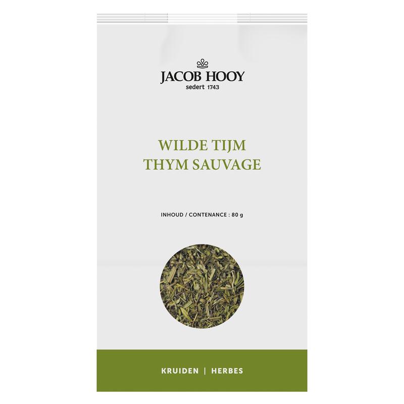 Jacob Hooy Wilde Tijm in an 80g jar, fresh thyme herb for cooking, part of kruiden, zouten en maaltijdmixen collection.